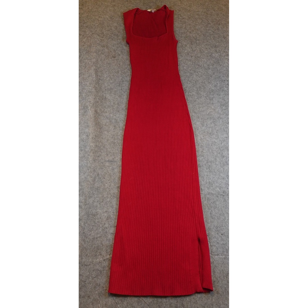 Posse Dress Women Small Red Ribbed Knit Sleeveless Square Neck Side Slit Maxi